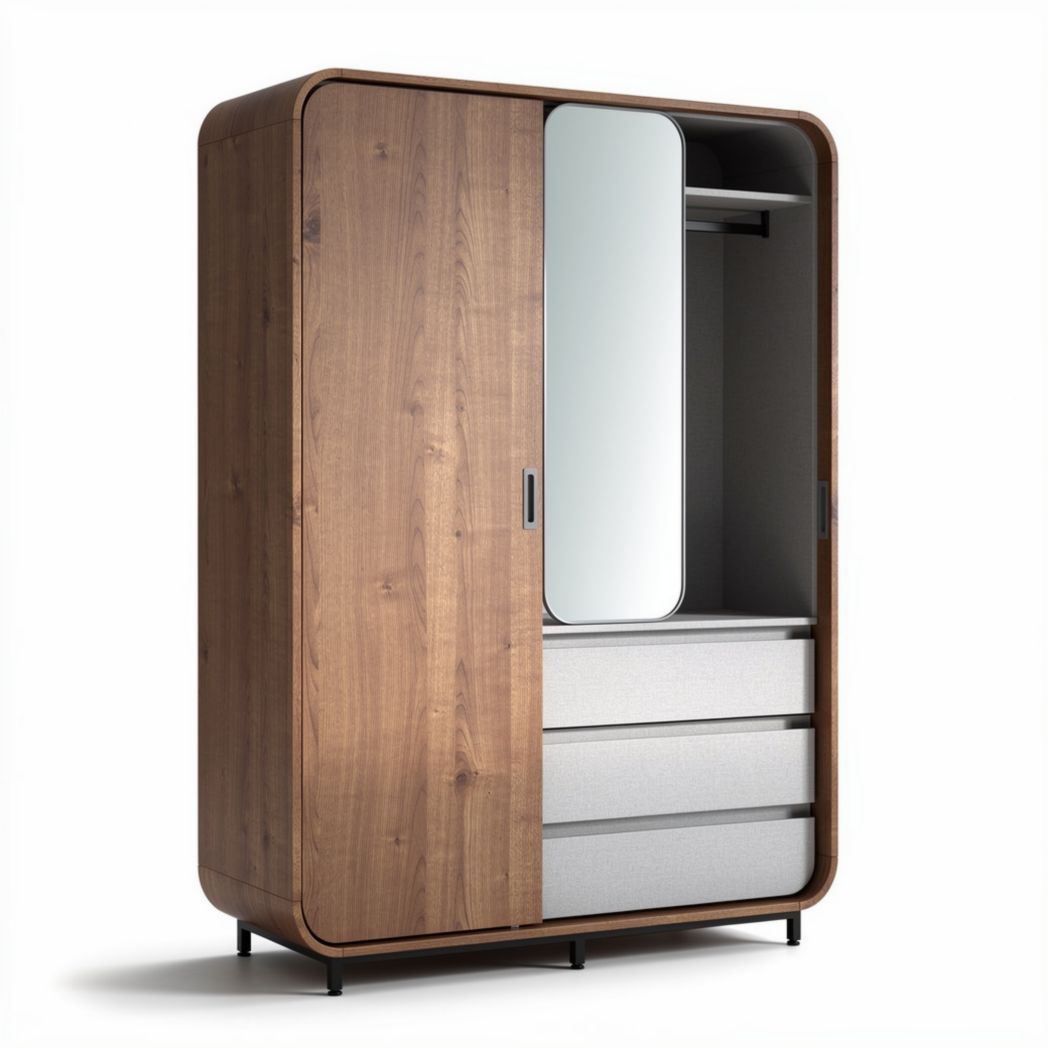 Wooden wardrobe with mirror and drawers for storage 80 x 50 x 180cm