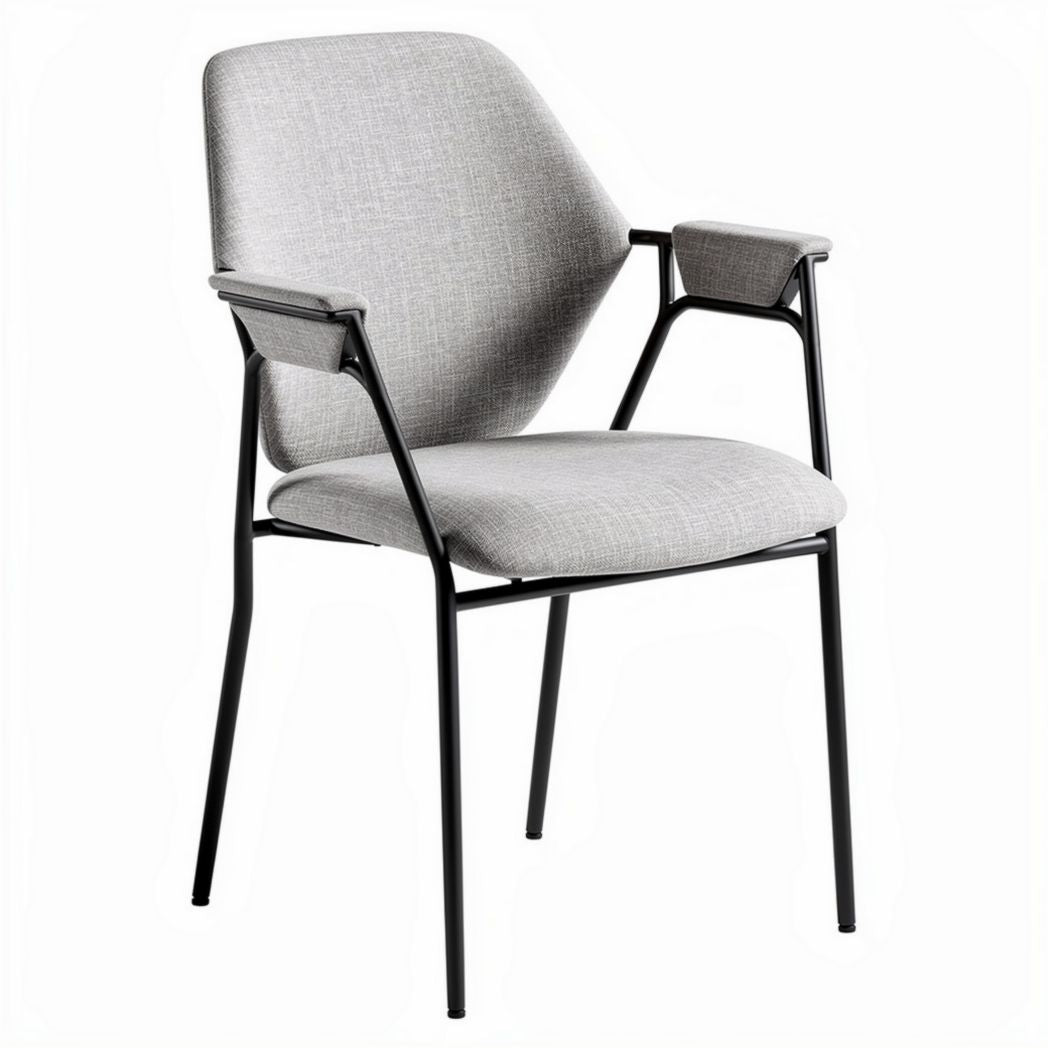 Metal framed dining chair with gray fabric upholstery and arms 45 x 55 x 80cm