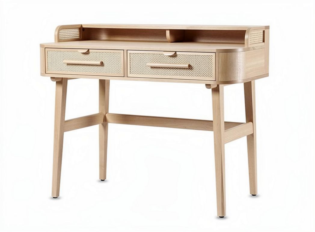 Wooden writing desk with two drawers and mesh detailing 100 x 50 x 75cm