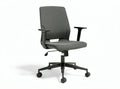 Adjustable ergonomic office chair with gray fabric upholstery and caster wheels