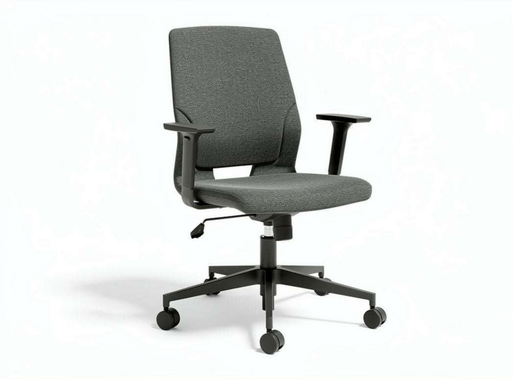 Adjustable ergonomic office chair with gray fabric upholstery and caster wheels