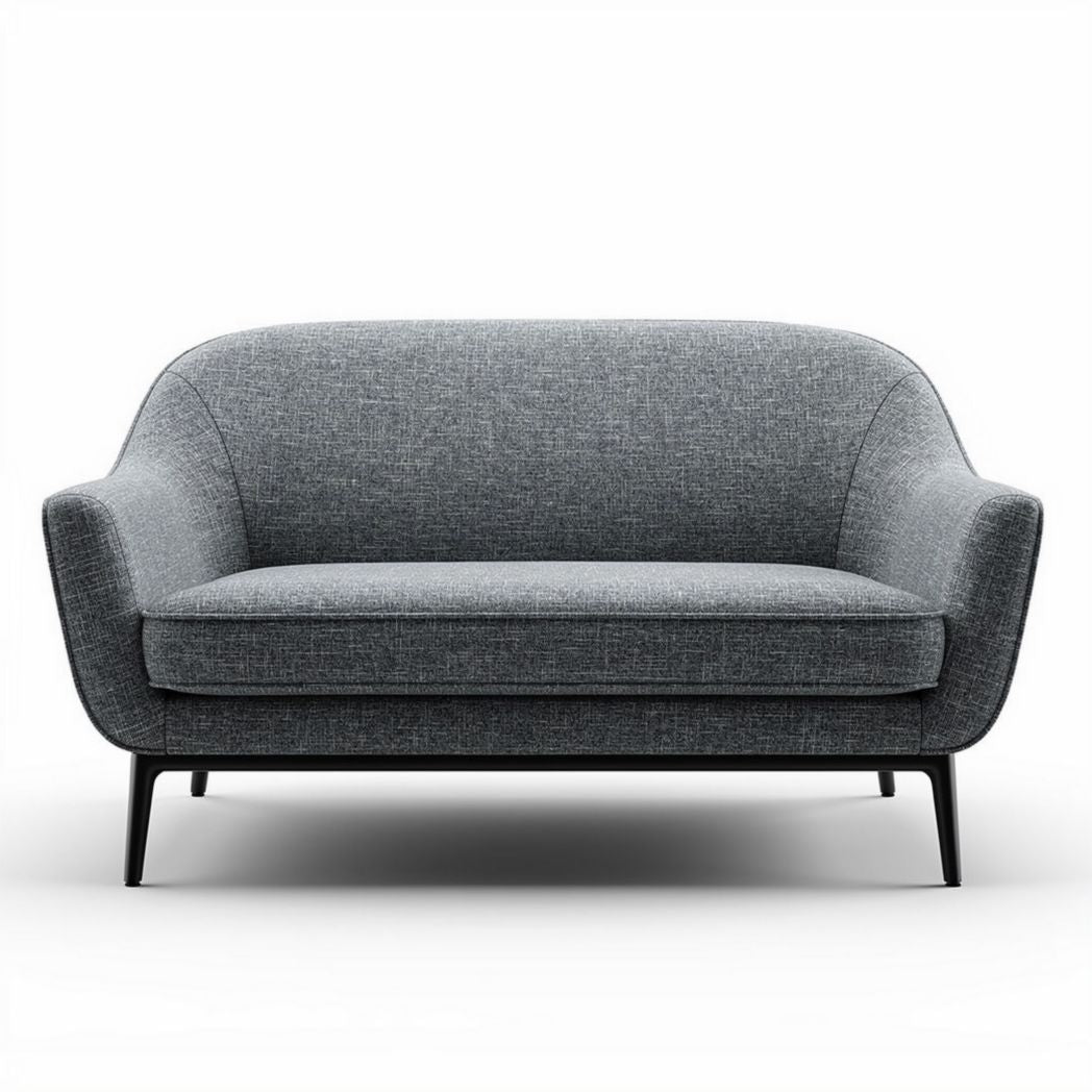 Mid-century modern two-seater sofa in tan faux leather with black legs 180 x 90 x 85cm