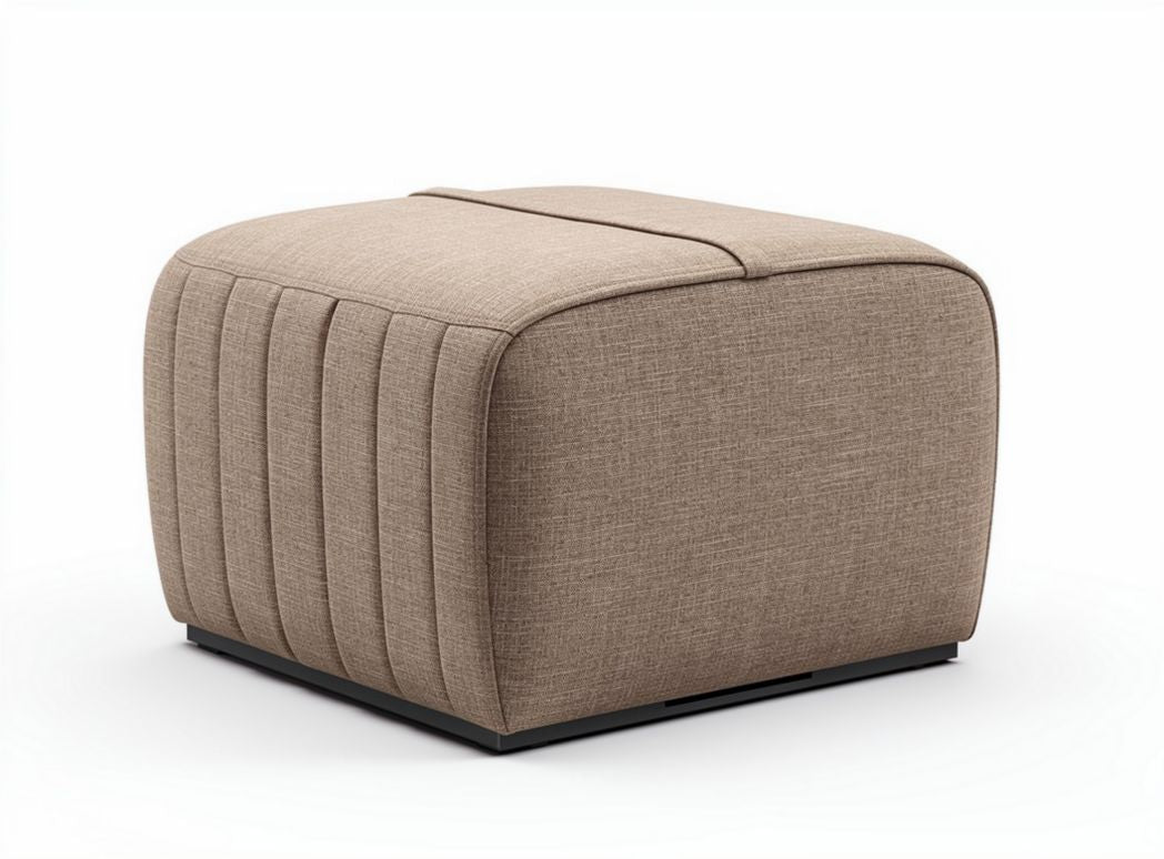 Fabric upholstered storage ottoman in light brown with dimensions 70 x 70 x 40cm